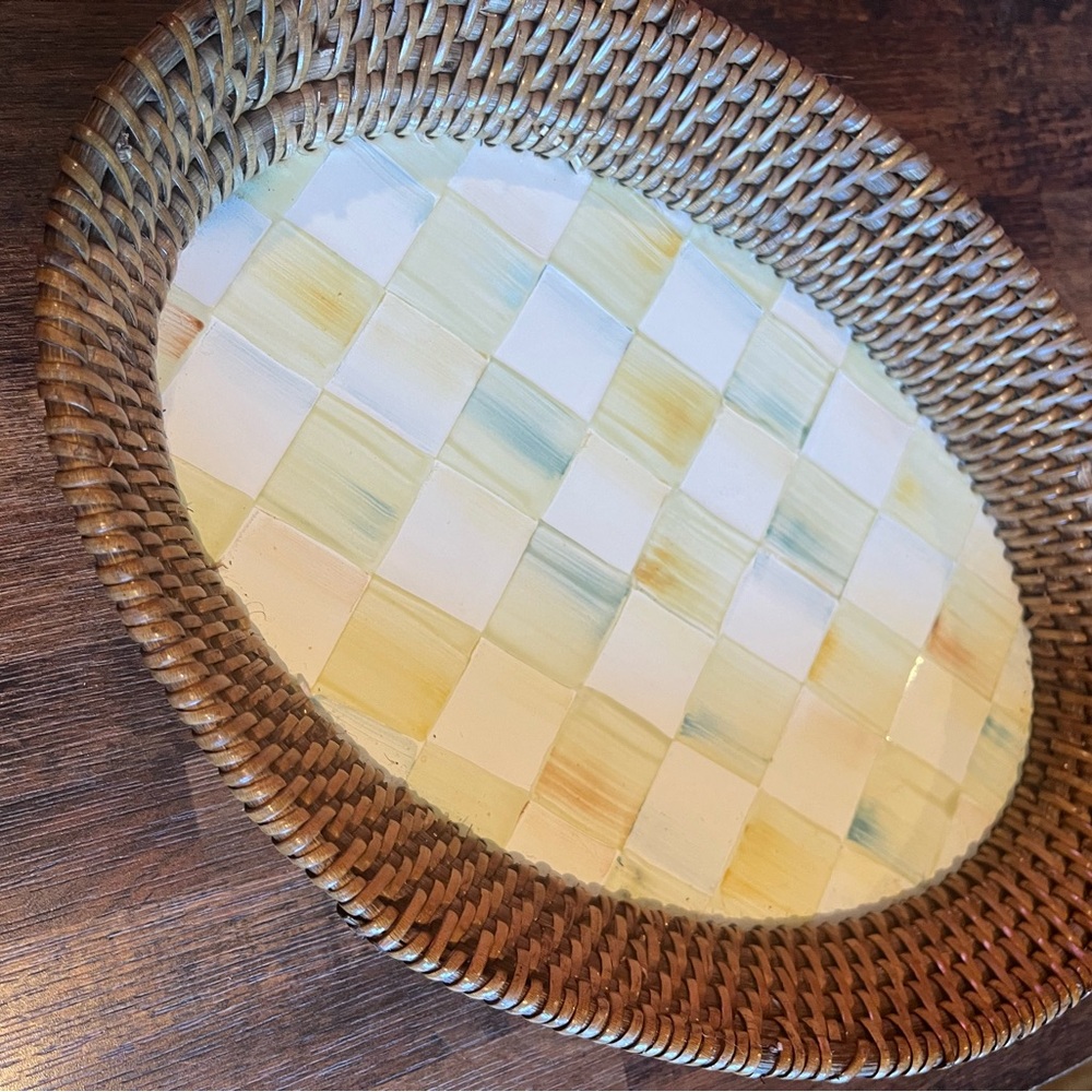 Mackenzie-Childs Woven Basket with Checkered Ceramic Base